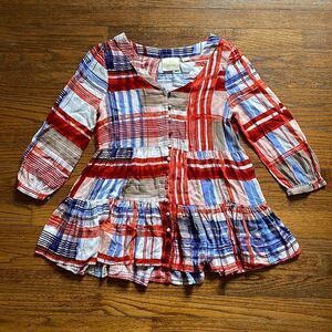 Anthropologie Maeve Red, Blue, and Tan Peplum Top